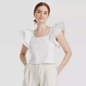 NWT A New Day White Flutter Sleeve Top Women's Size S Small
